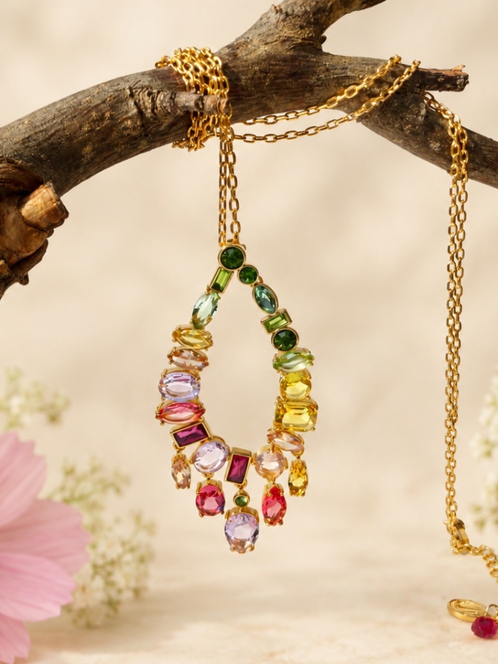 New Chunky Rainbow Gem Crystal Pendant | 18K Yellow Gold Plated | Adjustable
